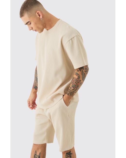 BoohooMAN Natural Textured Pleated Oversized Tee & Short Set for men
