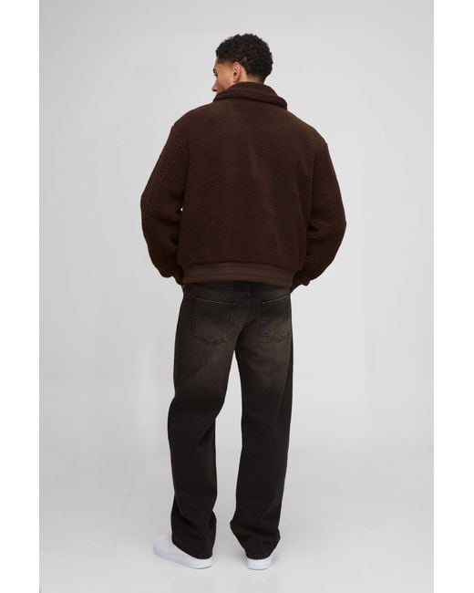 BoohooMAN Brown Regular Fit Borg Collared Bomber Jacket for men