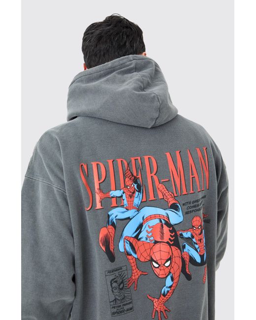 BoohooMAN Gray Oversized Spiderman Marvel Wash License Hoodie for men