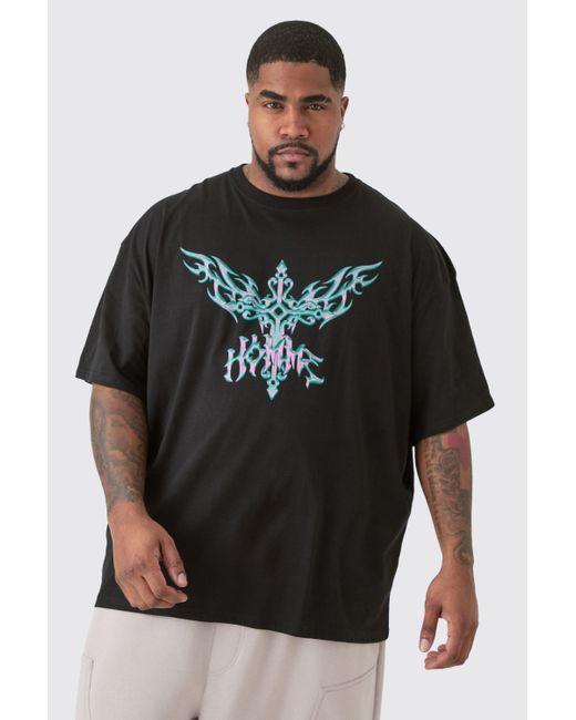 BoohooMAN Plus Meplusic Puff Print Cross Graphic T-shirt In Black for men