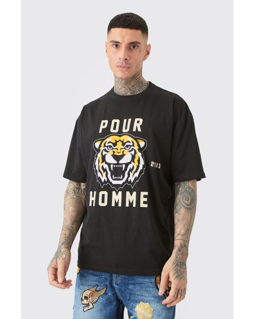 BoohooMAN Black Tall Pour Homme Tiger Graphic Oversized T-shirt for men