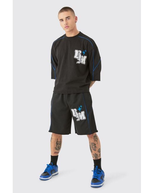 BoohooMAN Black Oversized Boxy Half Sleeve Ptint T-shirt & Short Set for men