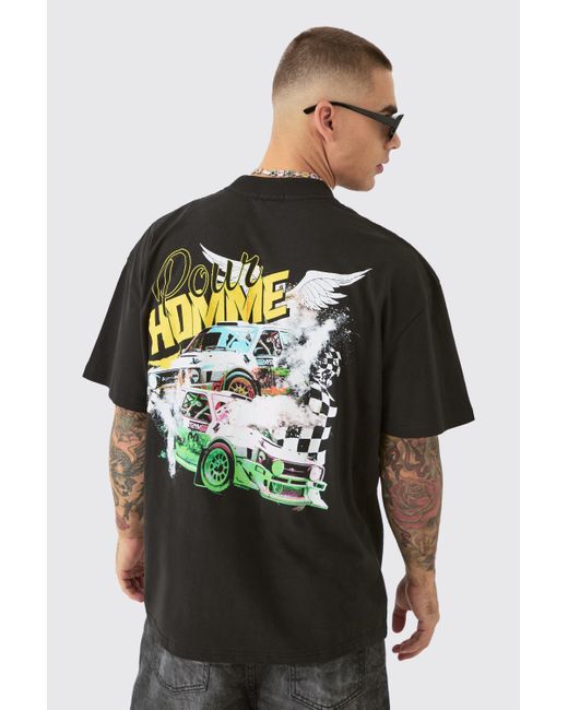 BoohooMAN Oversized Extended Neck Race Car Graphic T-shirt in Gray für Herren