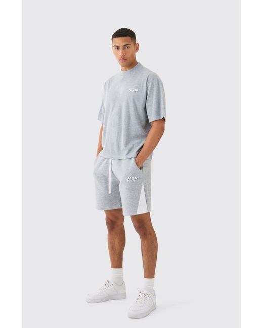 BoohooMAN Blue Oversized Boxy Contrast Sitch T-shirt Gusset Shorts Set for men