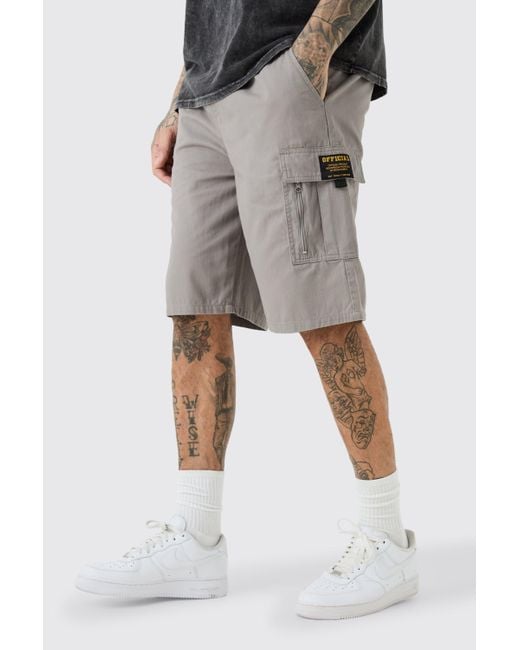 BoohooMAN Gray Tall Fixed Waist Twill Relaxed Cargo Zip Detail Tab Short for men