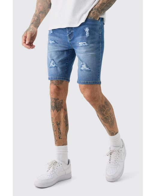 BoohooMAN Blue Tall Stretch Denim Distressed Skinny Fit Shorts In Mid Wash for men