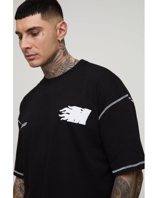 BoohooMAN Black Tall Oversized Boxy Applique 13 Print T-Shirt & Short Set for men