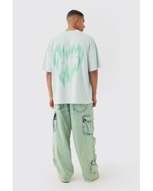 Boohoo Green Denim Parachute Elasticated Waist Overdyed Acid Washed Cargo Jeans In Sage