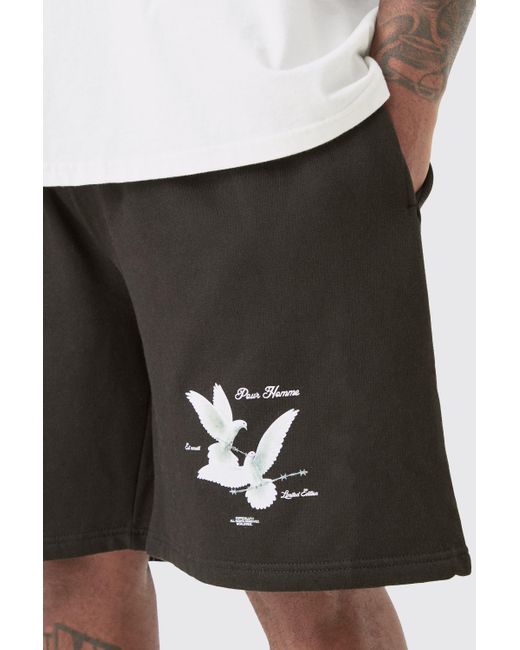 BoohooMAN Black Plus Oversized Fit Dove Print Jersey Shorts for men