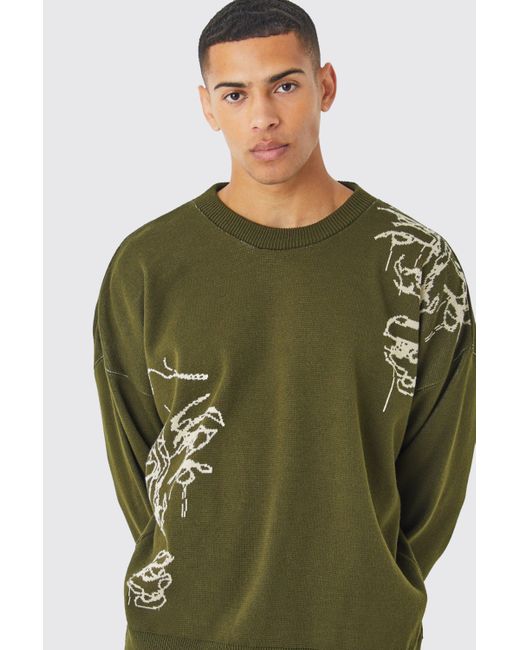 BoohooMAN Green Oversized Drop Shoulder Line Drawing Knit Jumper for men