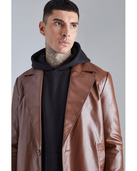 BoohooMAN Brown Pu Trench Coat for men
