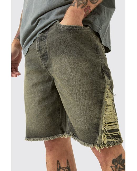 BoohooMAN Green Relaxed Rigid Extreme Side Ripped Denim Short In Antique Grey for men