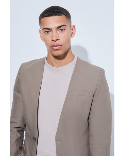 BoohooMAN Gray Skinny Fit Collarless Single Breasted Blazer for men
