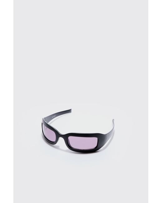 Chunky Wrap Around Rectangle Sunglasses In Black Boohoo de color White