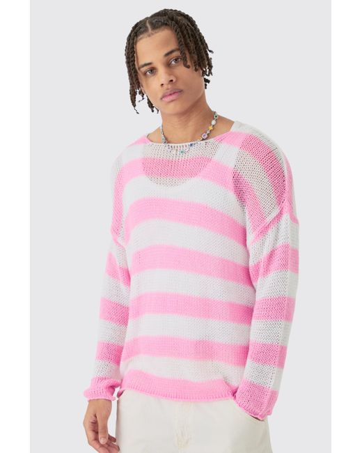 BoohooMAN Oversized Boxy Open Knit Stripe Jumper In Pink for men