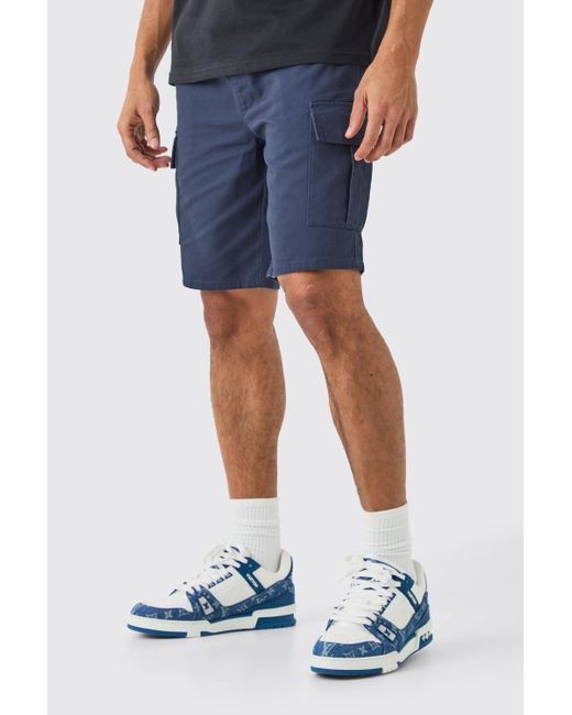 BoohooMAN Blue Elastic Waist Navy Relaxed Fit Cargo Shorts for men