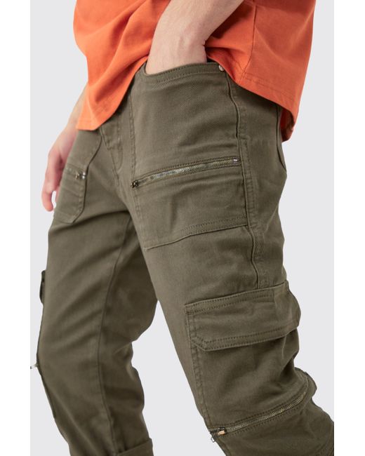 BoohooMAN Green Skinny Stretch Zip Multi Strap Cargo Pants for men