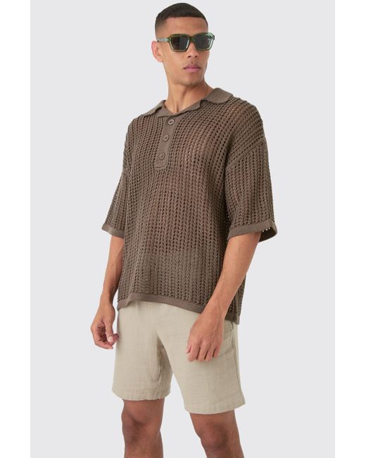 BoohooMAN Brown Oversized Open Stitch Deep Revere Knit Polo for men