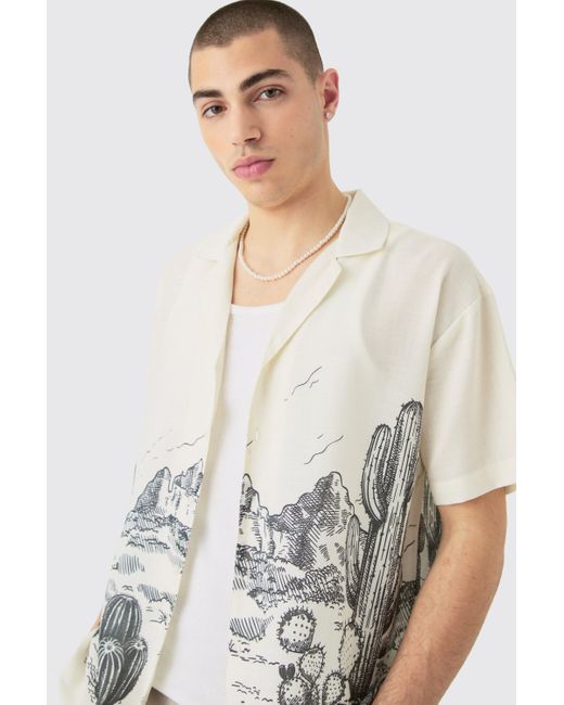 BoohooMAN White Oversized Linen Look Cactus Print Shirt for men