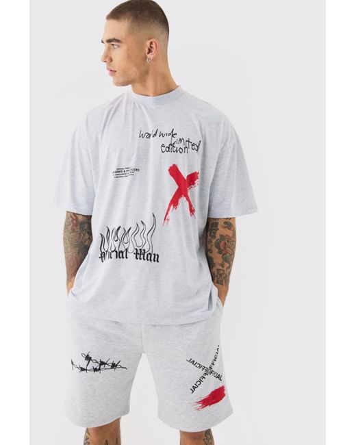 BoohooMAN Oversized Man Graffiti T-shirt And Short Set in White für Herren