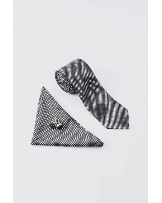 BoohooMAN Gray Slim Tie, Pocket Square And Cuff Links Set In Black for men