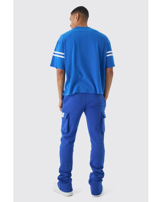 BoohooMAN Blue Slim Fit Extreme Stacked Woven Tab Cargo Jogger for men