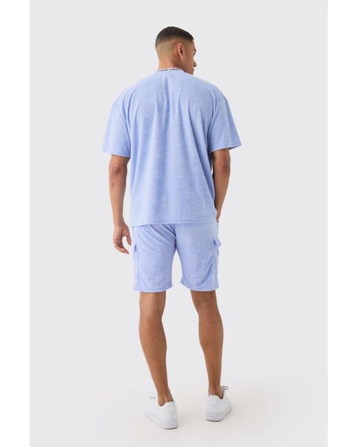 BoohooMAN Blue Oversized Extended Neck Towelling T-shirt & Cargo Shorts Set for men