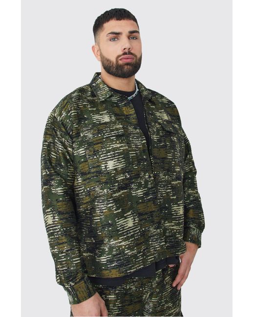 BoohooMAN Brown Plus Textured Camo Patch Pocket Overshirt for men