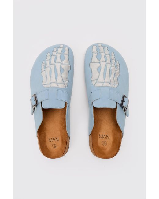 BoohooMAN Faux Suede Skeleton Embroidery Mule In Light Blue for men
