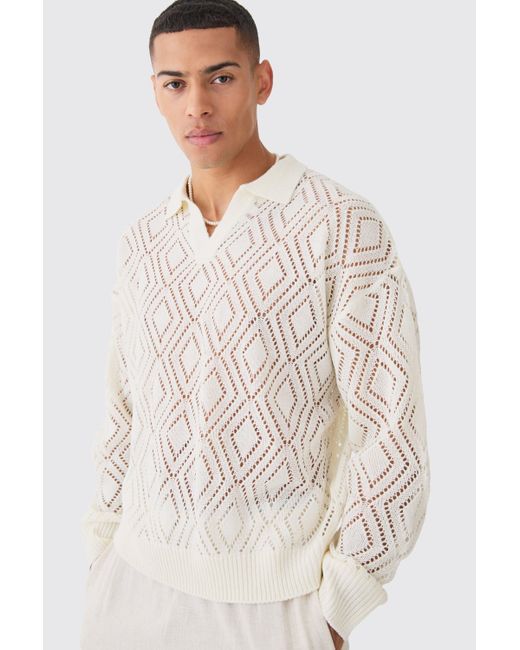 BoohooMAN White Long Sleeve Boxy Fit Revere Open Knit Polo In Ecru for men