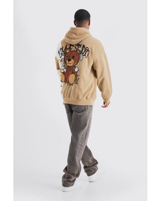BoohooMAN Natural Oversized Bleached Teddy Graphic Hoodie for men