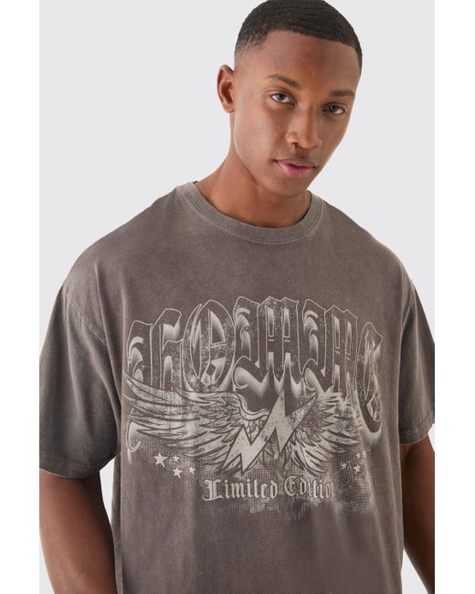 BoohooMAN Gray Oversized Eagle Wing Wash T-shirt for men