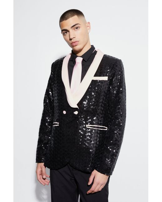 Boohoo Blue Slim Double Breasted Sequin Suit Jacket