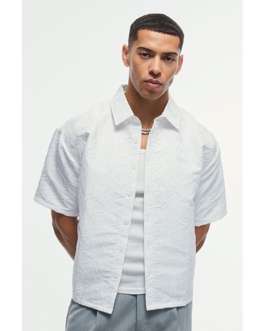 BoohooMAN White Oversized Abstract Jacquard Boxy Shirt for men