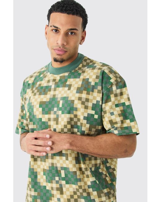 BoohooMAN Green Heavy Weight Pixel Camo Oversized Extended Neck T-shirt for men