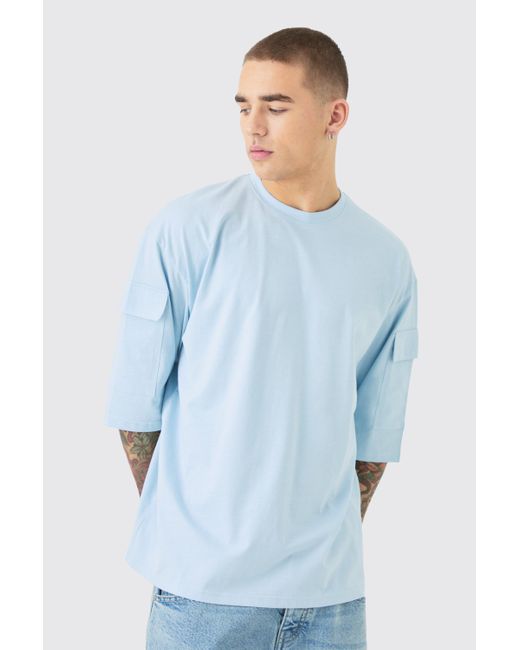BoohooMAN Blue Oversized Cargo Pocket Half Sleeve T-shirt for men