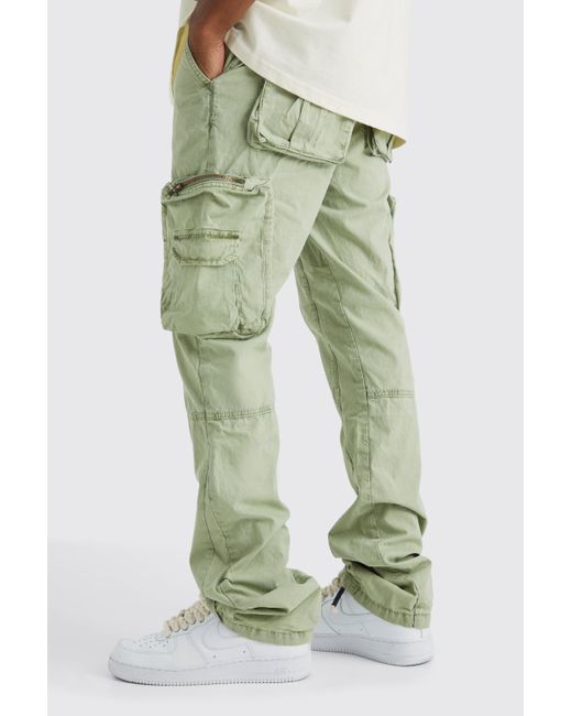 BoohooMAN Green Slim Flare Gusset Overdye Acid Wash Trouser for men