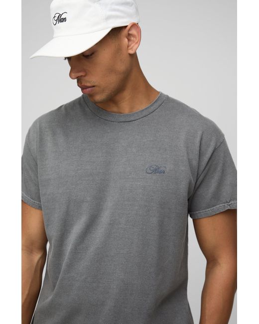 Camiseta Regular Con Bordado Man Desteñido Boohoo de color Gray
