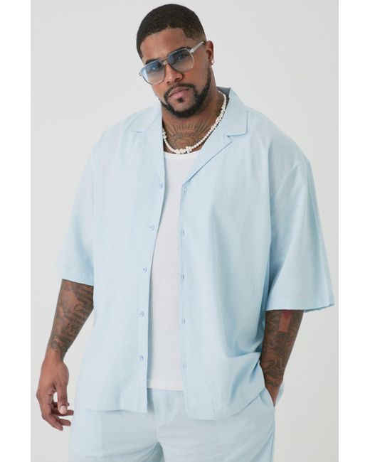 BoohooMAN Plus Drop Revere Linen Shirt & Short Set In Light Blue for men