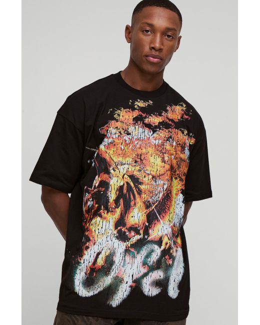BoohooMAN Black Oversized Heavyweight Large Scale Renaissance Print T-shirt for men