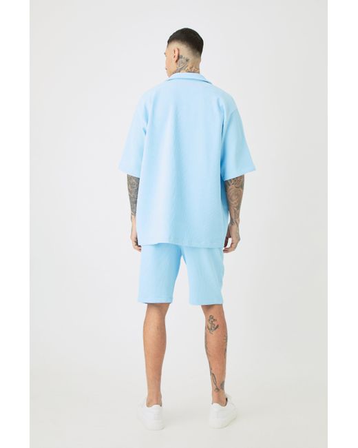 BoohooMAN Tall Oversized Short Sleeve Pleated Shirt & Short In Blue for men