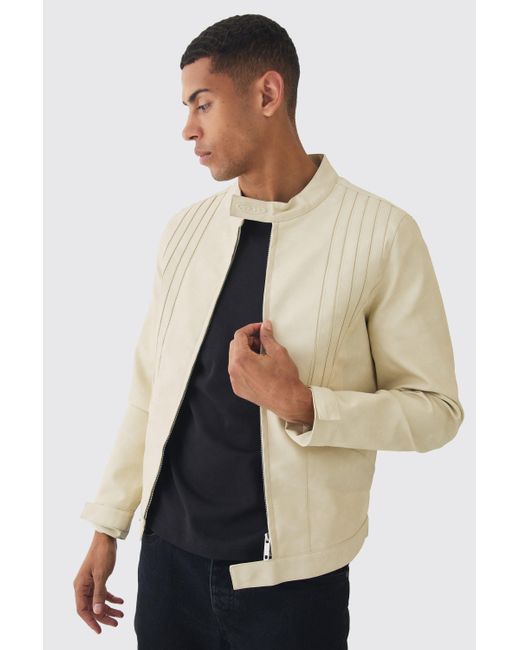 BoohooMAN Natural Washed Pu Tonal Biker Jacket for men