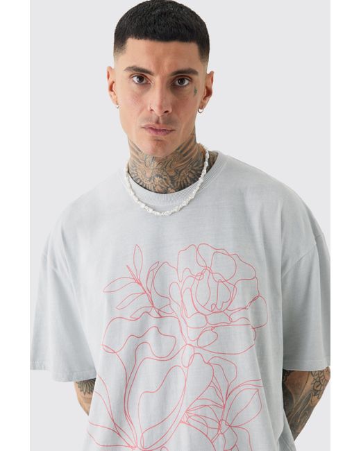 BoohooMAN Gray Tall Oversized Floral Stencil Print T-shirt In Grey for men