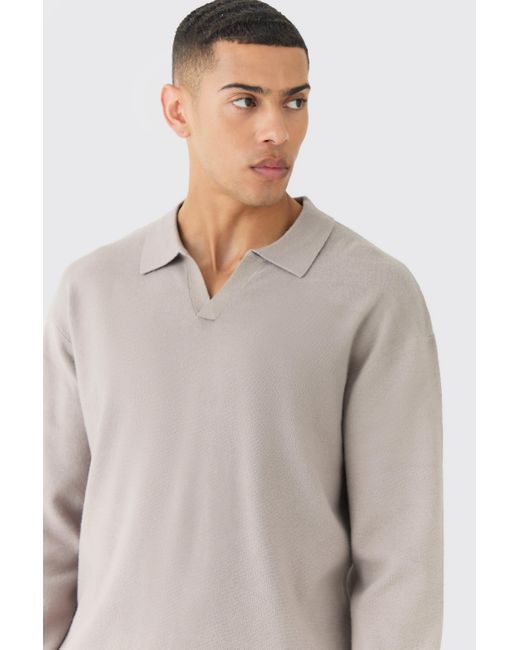 BoohooMAN Gray Regular Long Sleeve Knitted Revere Polo for men