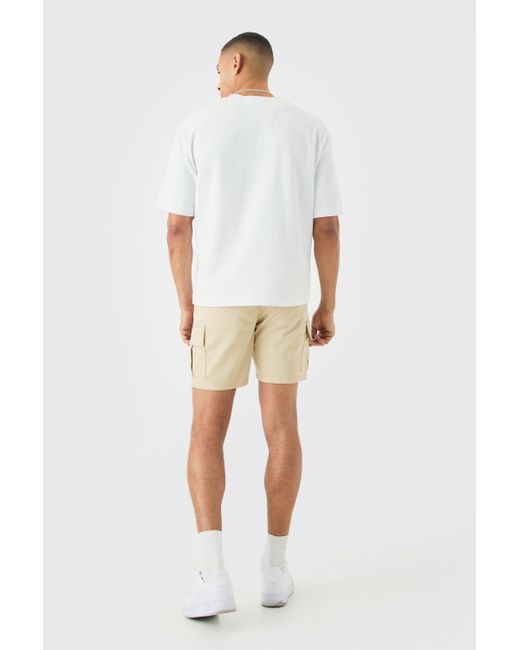 BoohooMAN Natural Elastic Waist Stone Slim Fit Cargo Shorts for men