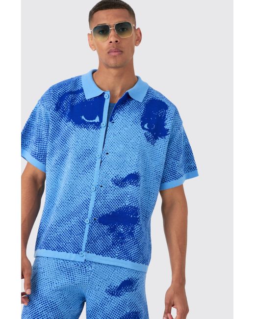 BoohooMAN Blue Boxy Line Drawing Knitted Shirt And Short Set for men