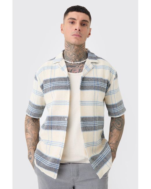 BoohooMAN Natural Tall Short Sleeve Drop Revere Textured Flannel Shirt In Stone for men