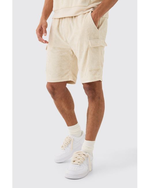 Boohoo Natural Loose Fit Mid Towelling Cargo Shorts