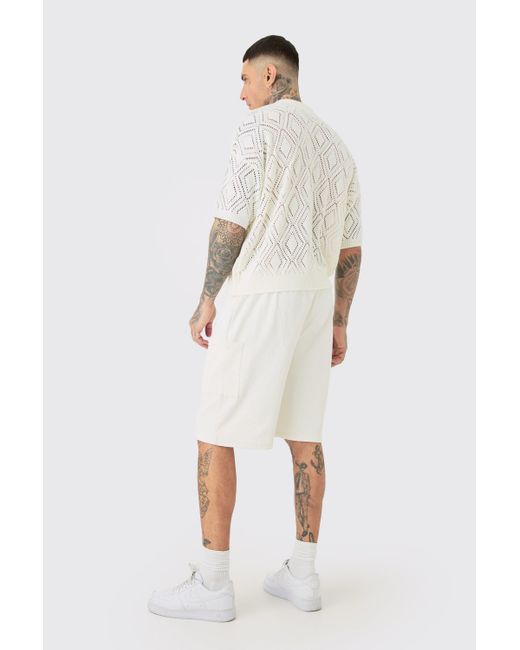 BoohooMAN Tall Relaxed Heavyweight Ribbed Cargo Short in White für Herren