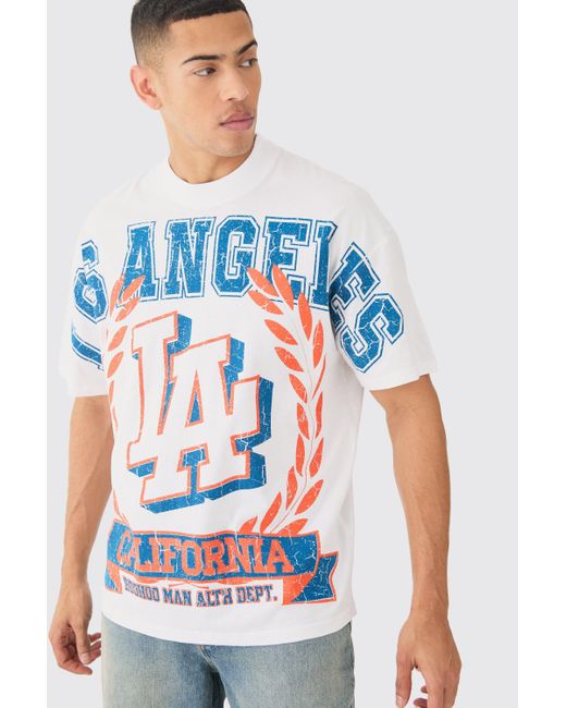 BoohooMAN Blue Oversized Over Seams Varsity Graphic T-shirt for men